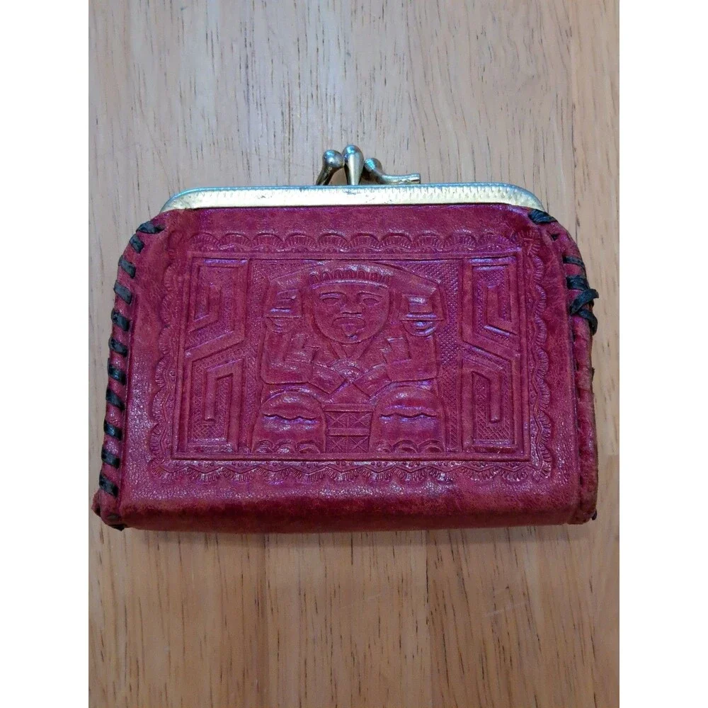 Vintage Red Tooled Leather Coin Purse Mexican Aztec Mayan Kiss Lock FLAWS